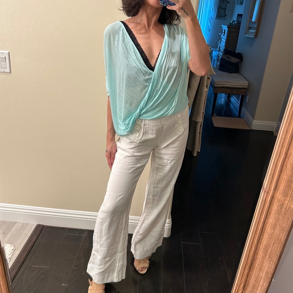 Banana Republic White Linen Sailor Pants Size 2 Button Front Wide Leg